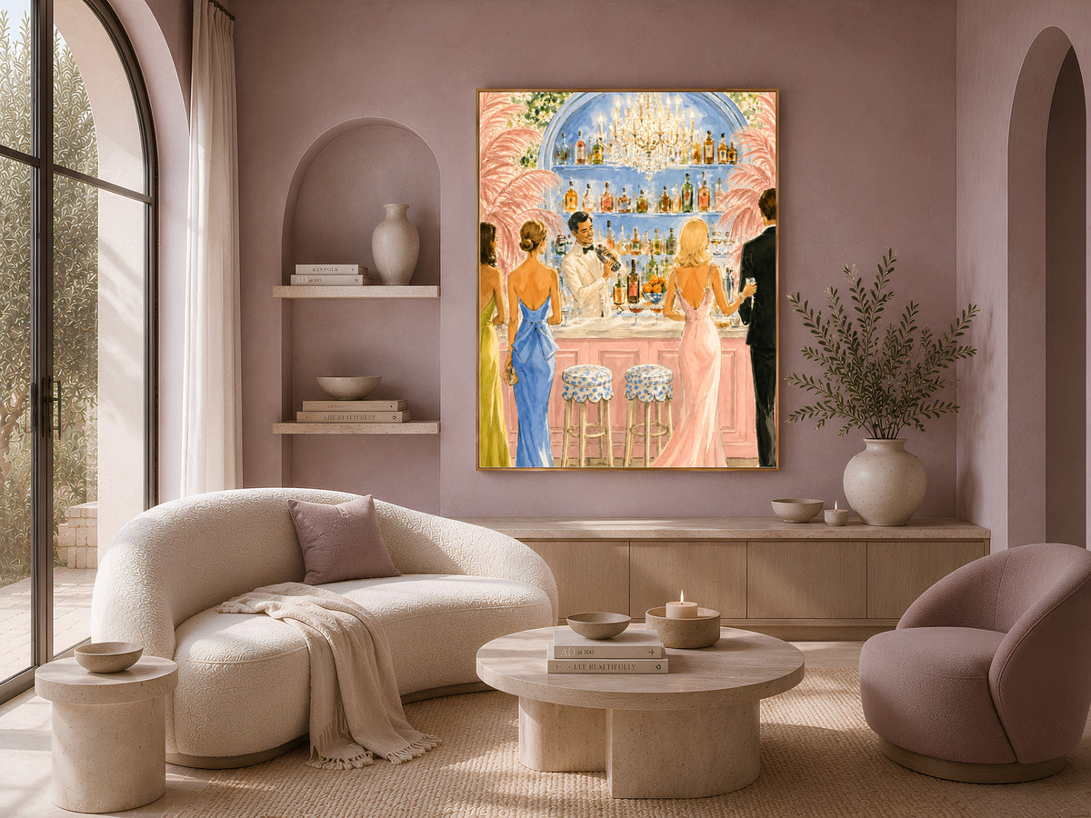 Riviera Cocktail Bar Wall Art, Preppy Pink Watercolor Print - Digital Download