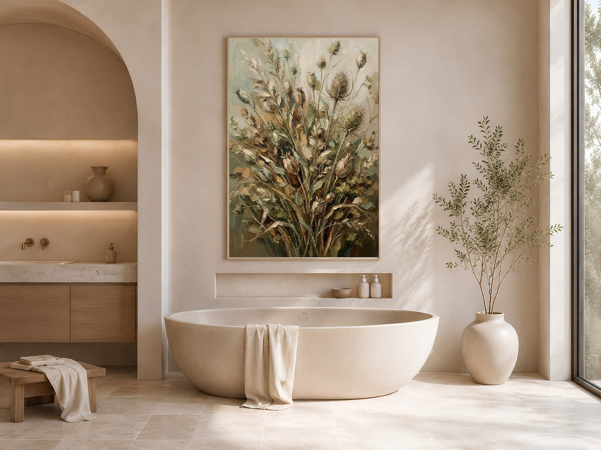 Dried Botanical Wall Art, Sage Green Impasto Oil Painting - Digital Download