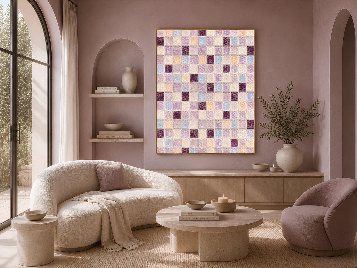 Plum lavender mosaic wall art framed above a beige sofa and armchairs in a cozy living room