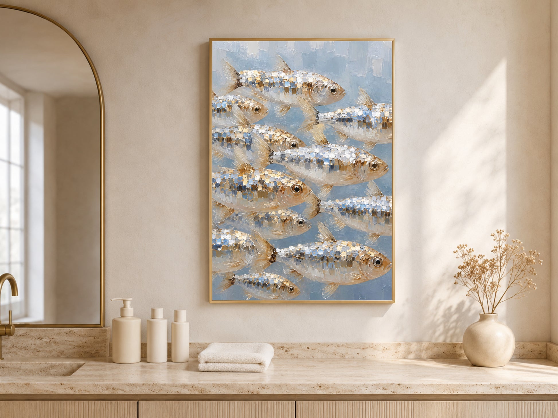 School of fish wall art displayed above a vanity desk with arched shelving, coastal nautical painting print