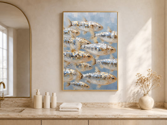 School of fish wall art displayed above a vanity desk with arched shelving, coastal nautical painting print