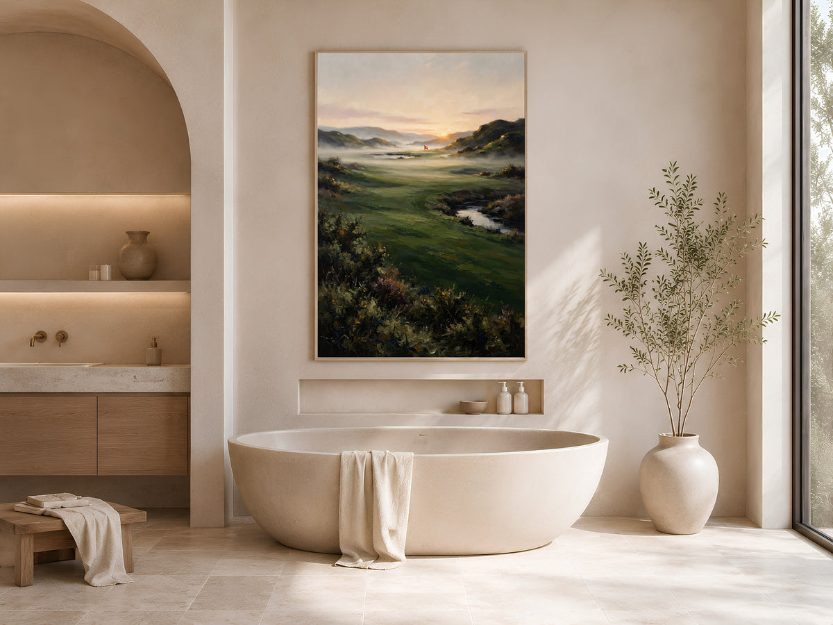 Scottish Golf Course Wall Art, Misty Fairway Oil Painting - Digital Download