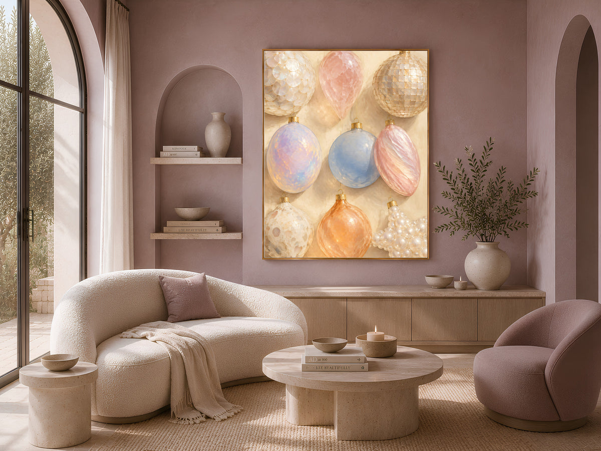 Iridescent ornament wall art framed on a wall beside a cream sofa and round chairs