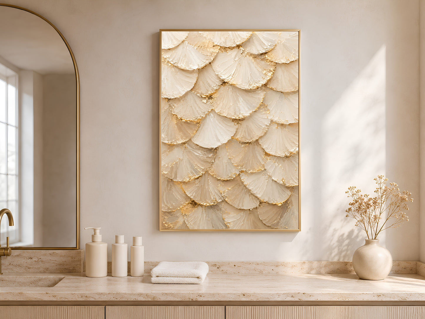 Ginkgo leaf print framed in gold displayed above bathroom counter near arched mirror
