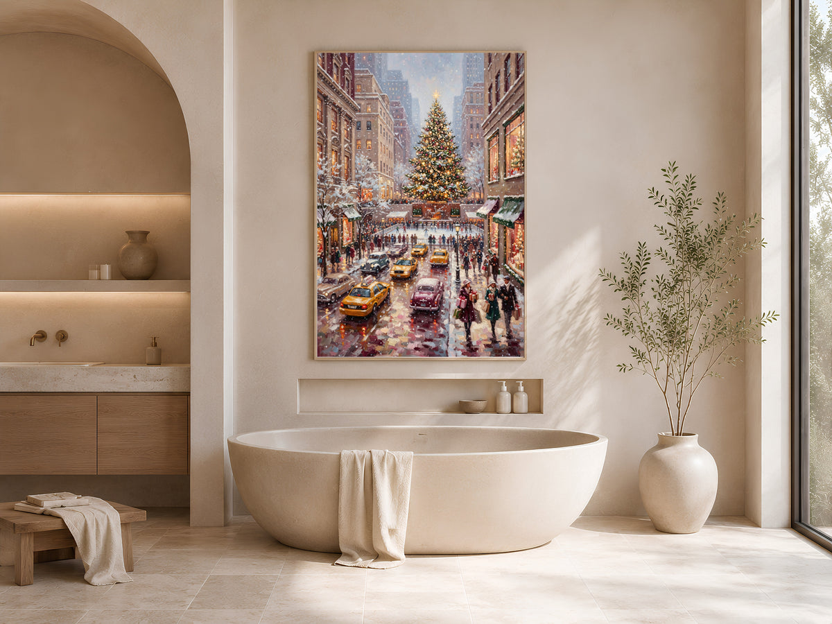 Rockefeller Center Christmas Wall Art, Vintage NYC Oil Painting Print - Digital Download