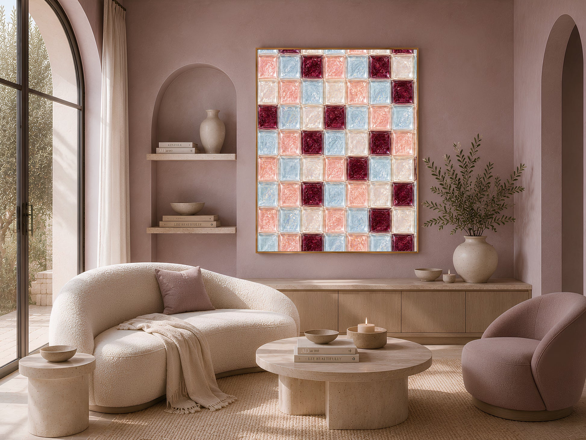 Powder blue checkerboard print framed above a cream sofa in a living room