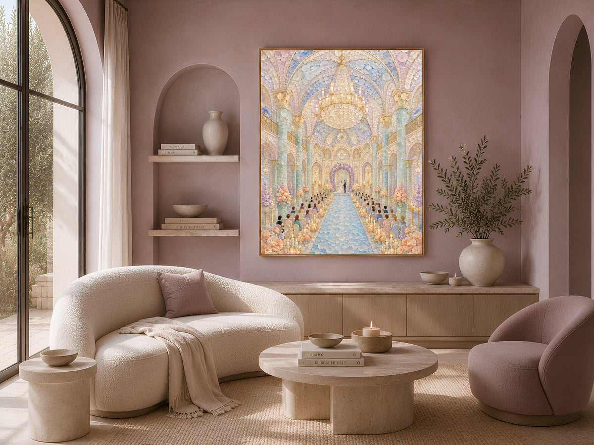 Pastel Wedding Chapel Wall Art, Whimsical Mosaic Cathedral Print - Digital Download