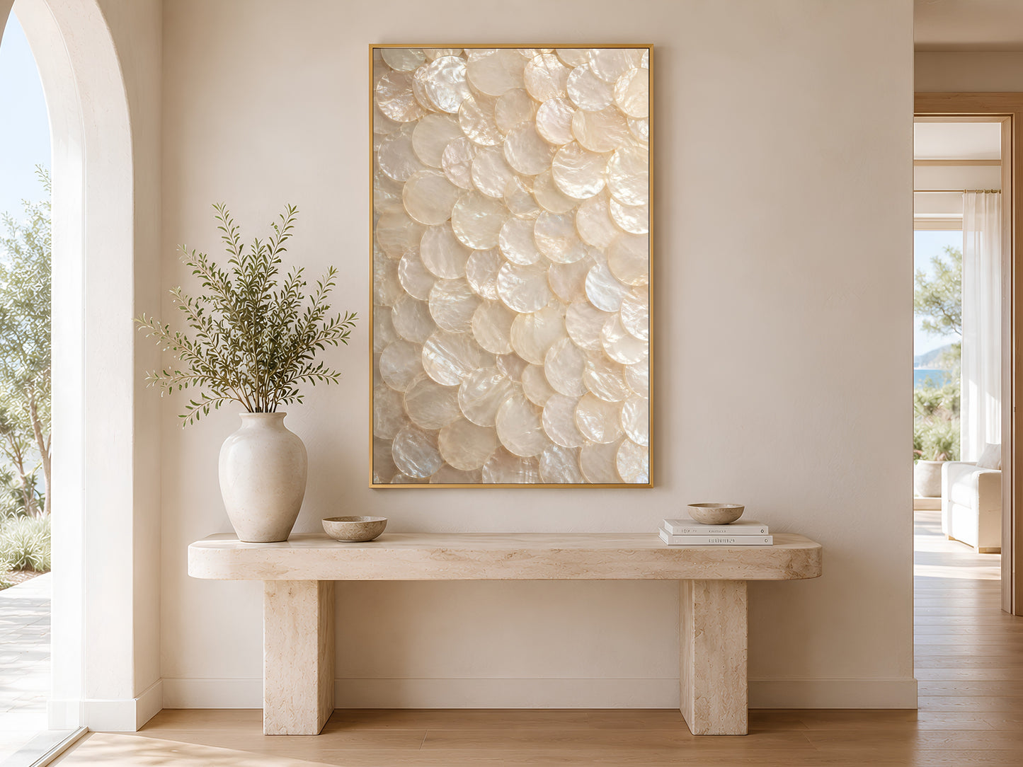 Quiet luxury capiz shell wall art printable displayed above a beige console table in a bright minimalist hallway with soft coastal styling.
