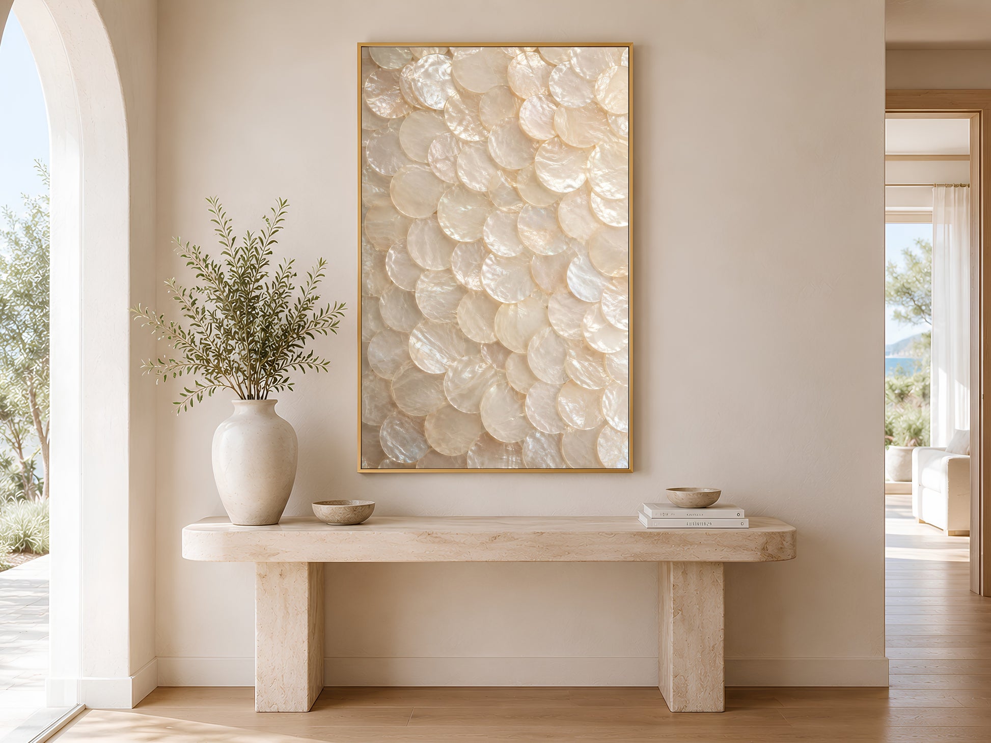Quiet luxury capiz shell wall art printable displayed above a beige console table in a bright minimalist hallway with soft coastal styling.