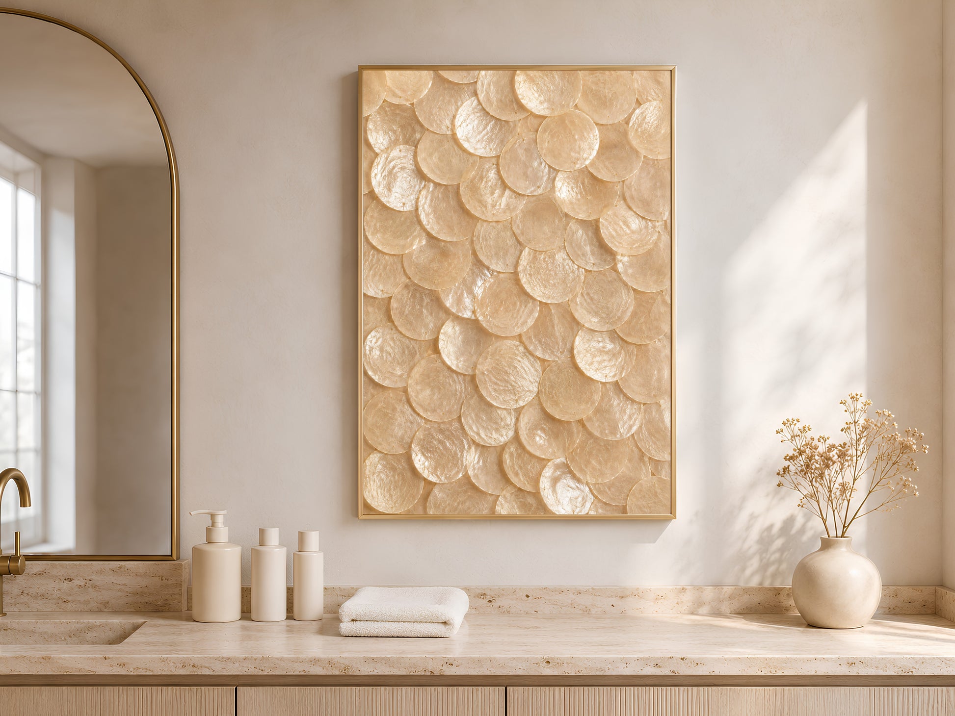 Natural capiz shell print in a gold frame hung above a bathroom vanity with white towels and ceramic accessories.
