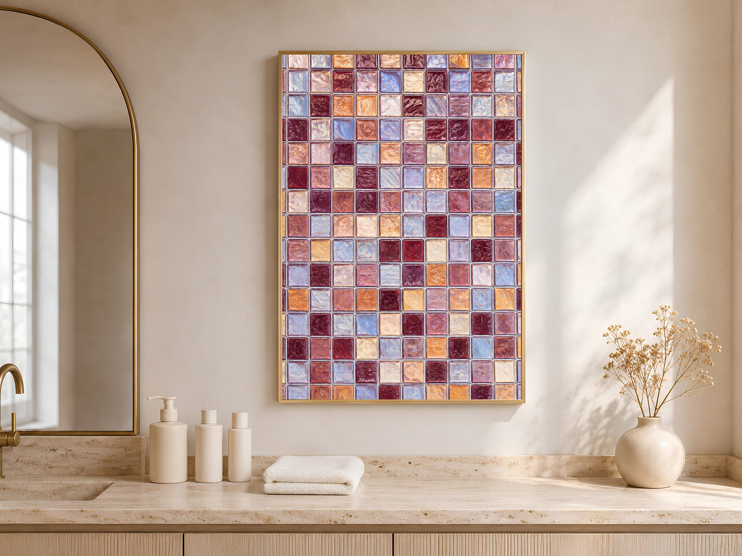 Mosaic tile wall art in a gold frame above a wood counter, styled with vases in front of an arched window.
