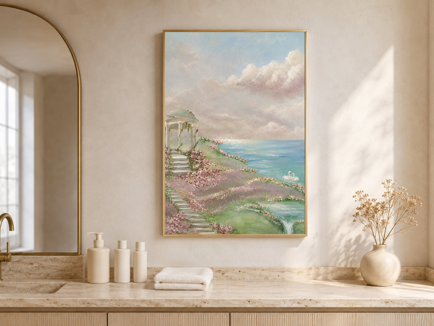 Rose garden gazebo print framed above a vanity in a sunlit neutral bathroom