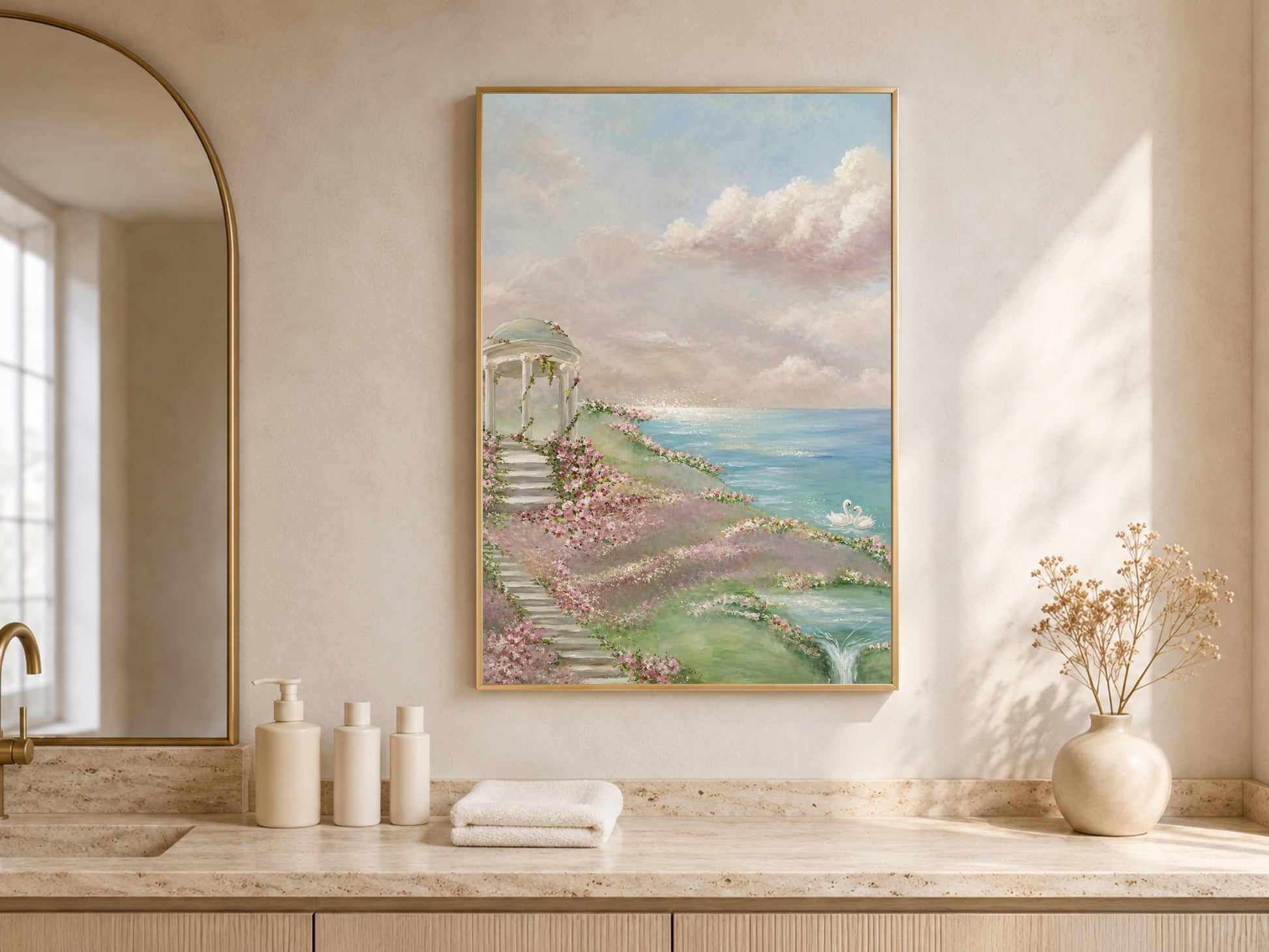 Rose garden gazebo print framed above a vanity in a sunlit neutral bathroom