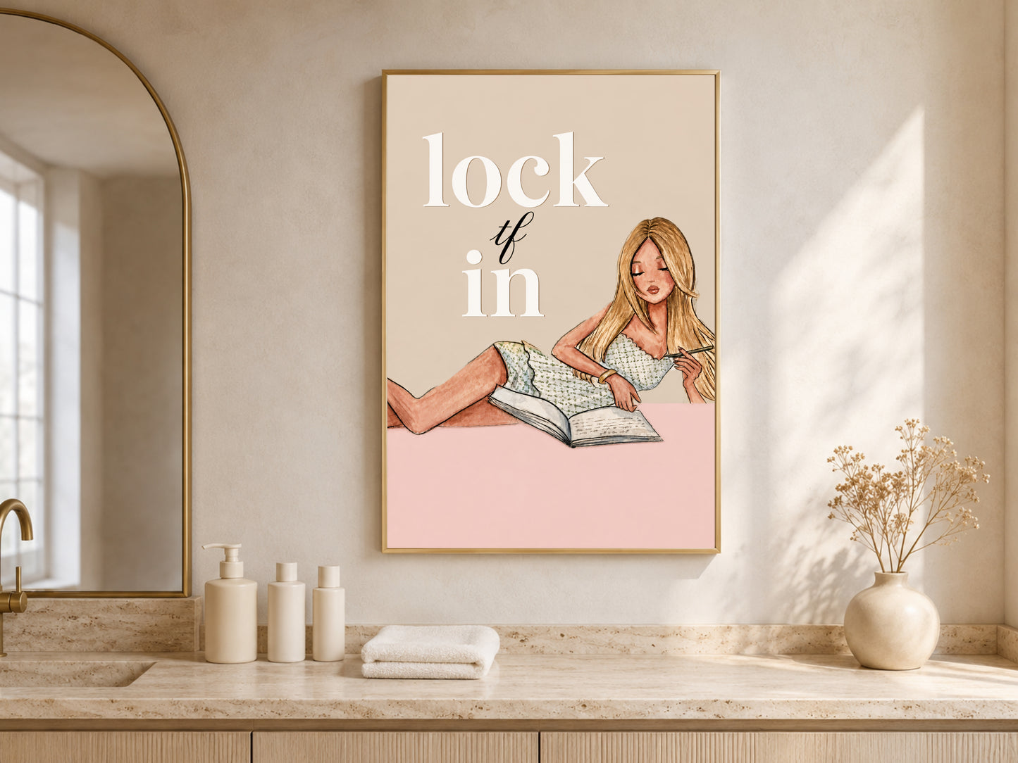 Lock TF In wall art framed above a bathroom counter with candles and towels, girl journaling illustration digital download print