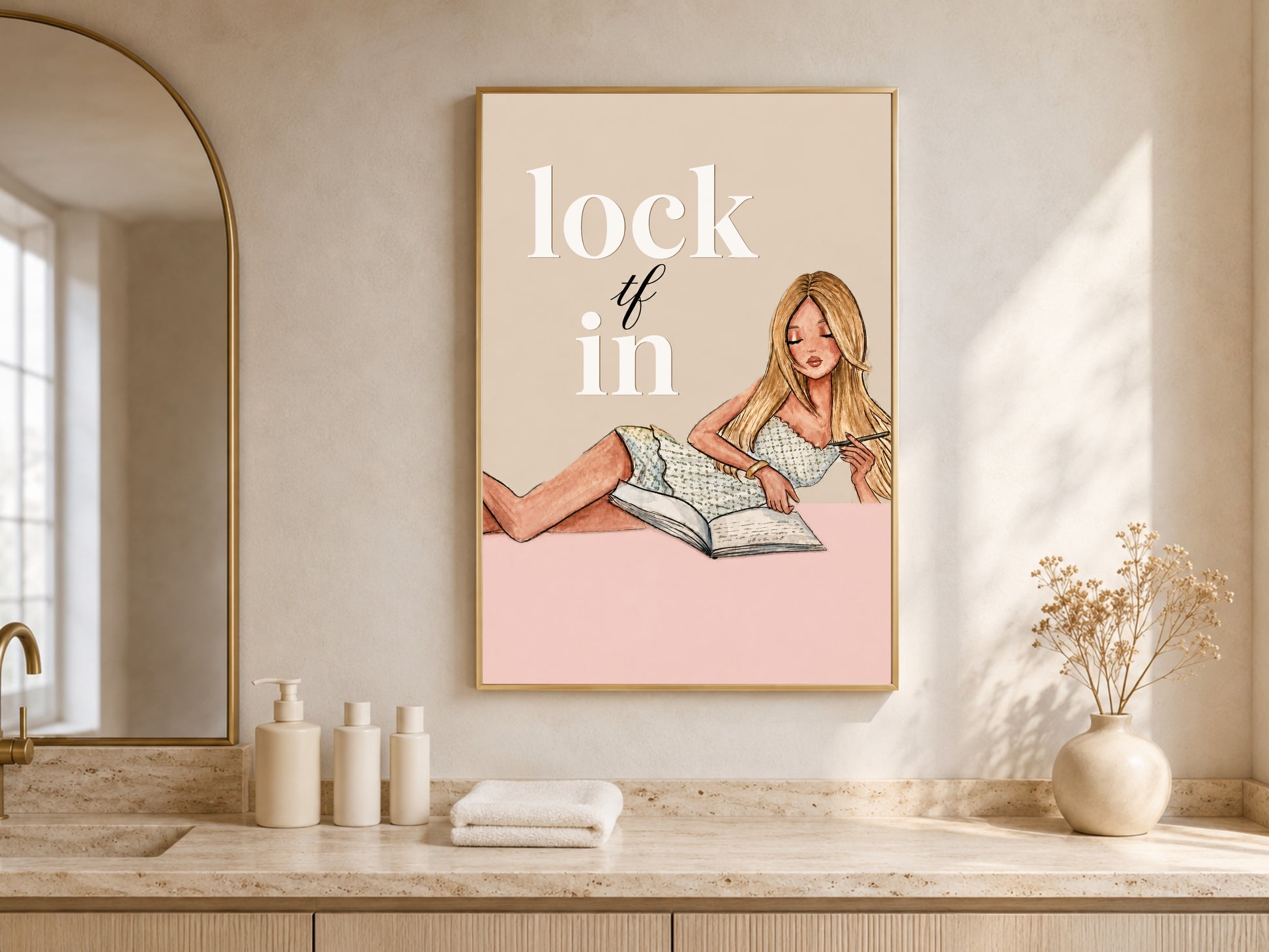 Lock TF In wall art framed above a bathroom counter with candles and towels, girl journaling illustration digital download print