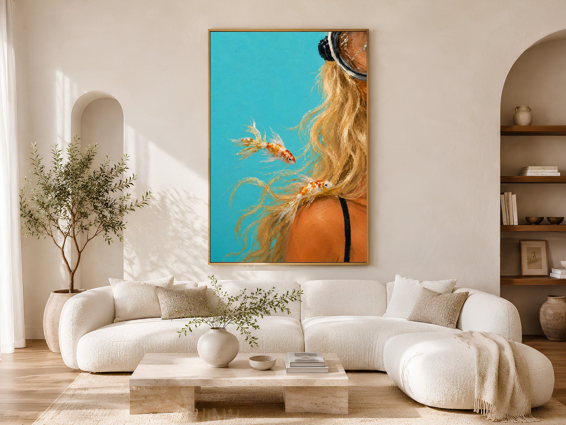 Diver girl wall art in gold frame above a cream sofa in a bright neutral living room with arched shelving and olive tree