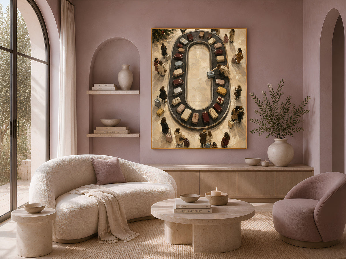 Airport wall art framed above cream sofa and armchairs in sunlit living room