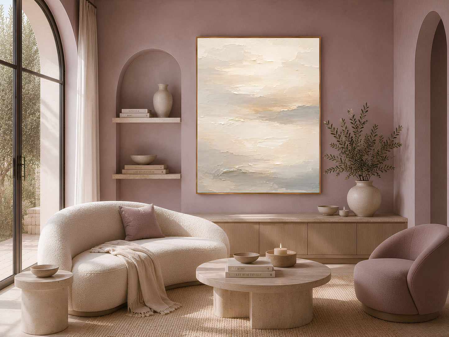 Textured cream abstract wall art print displayed above a curved boucle sofa in a mauve living room