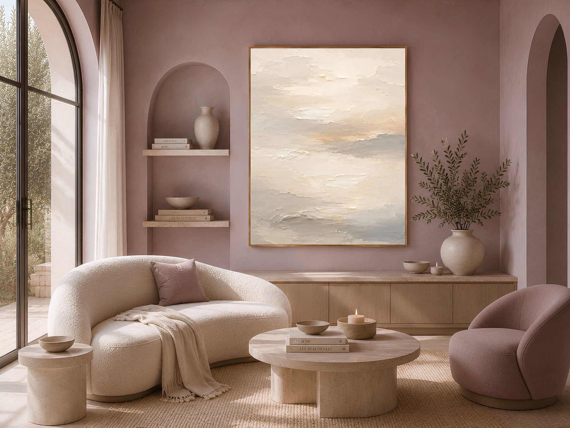 Textured cream abstract wall art print displayed above a curved boucle sofa in a mauve living room