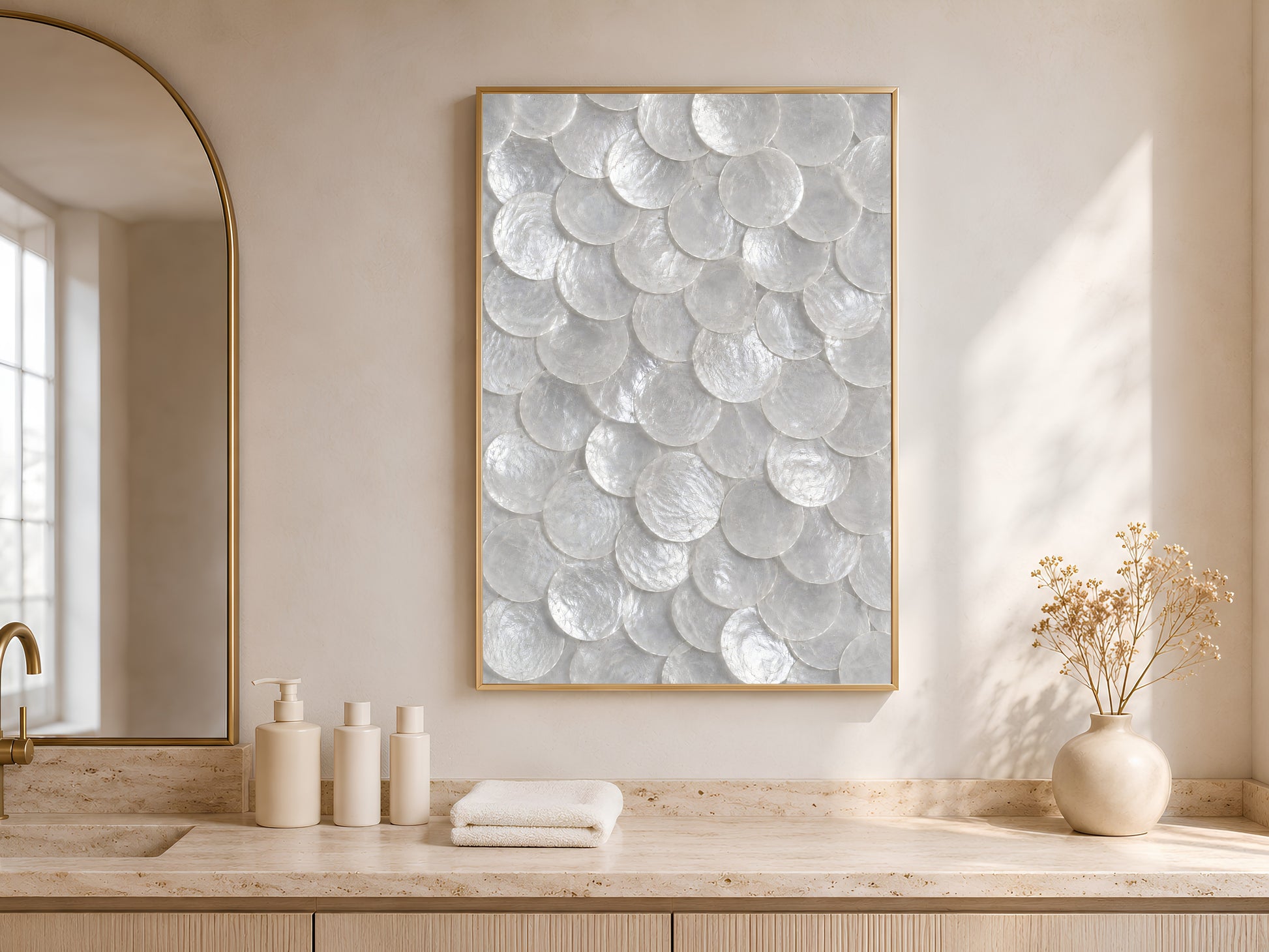 White capiz shell wall art in a gold frame hung above a bathroom vanity with white towels and ceramic accessories.
