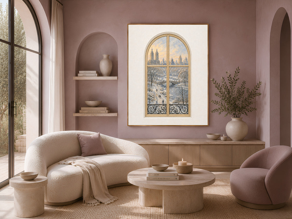 Central Park Window Wall Art, Snowy Winter Bridge View Print - Digital Download