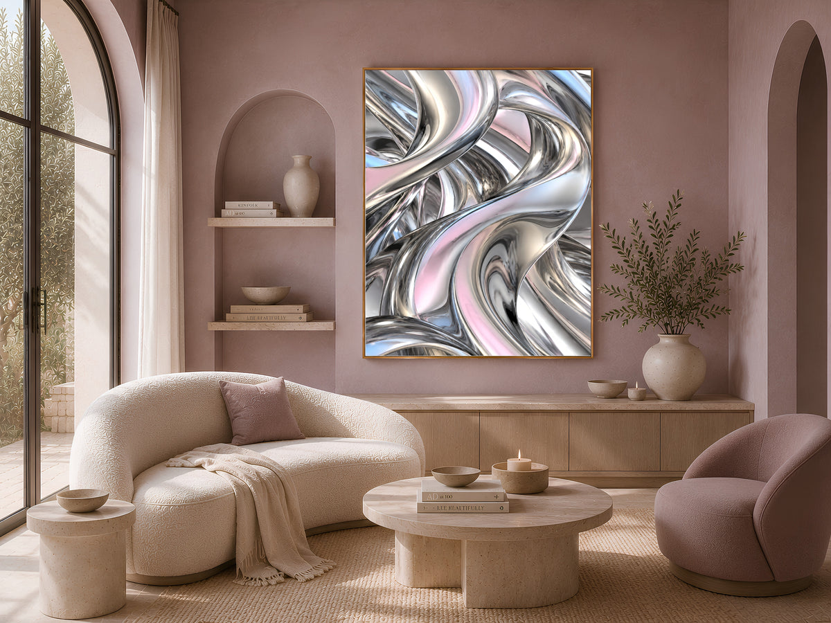 Chrome Liquid Metal Wall Art, Silver Iridescent 3D Abstract Print - Digital Download