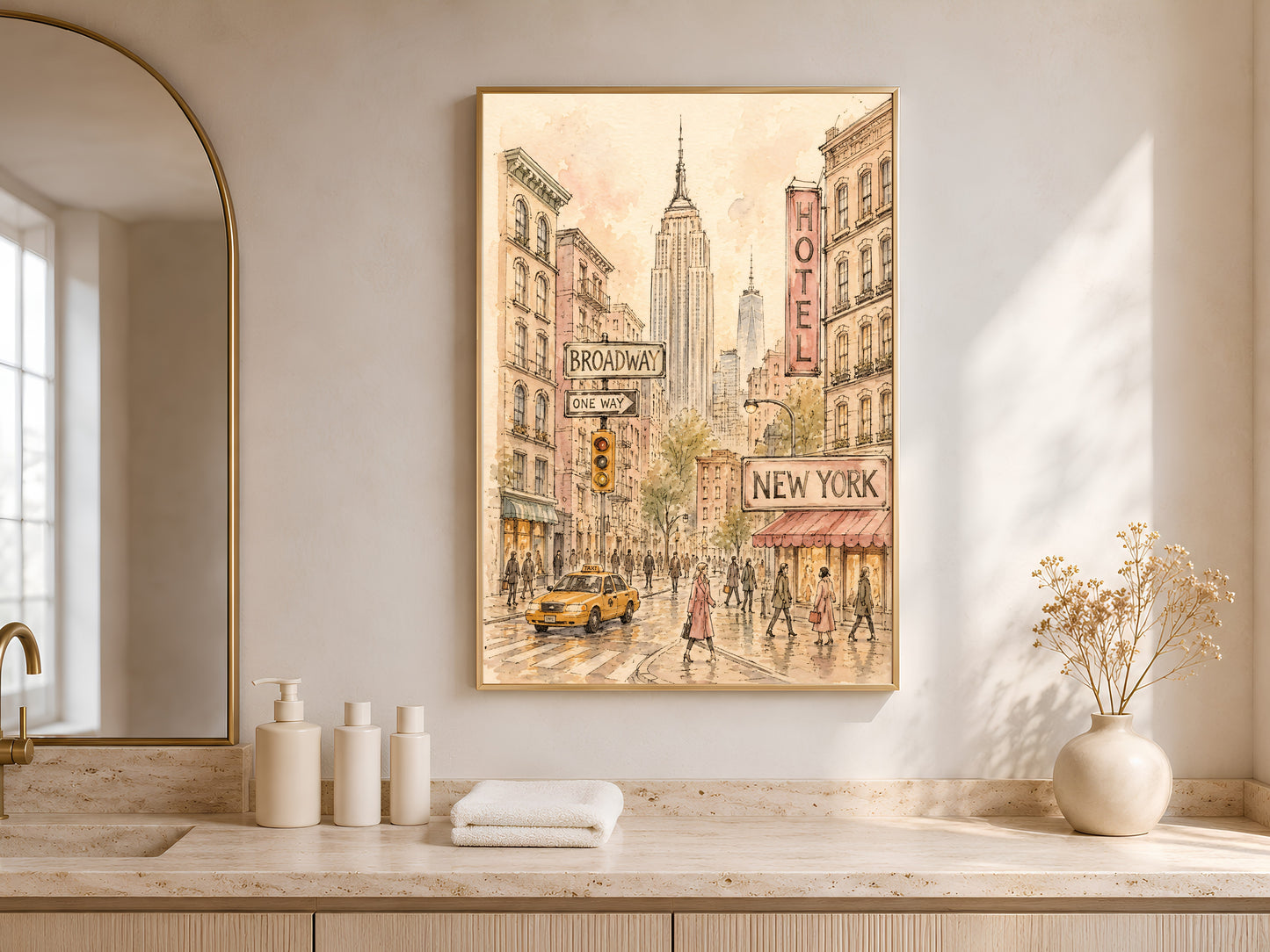 Framed New York street scene print above bathroom counter near window, watercolor sketch wall art
