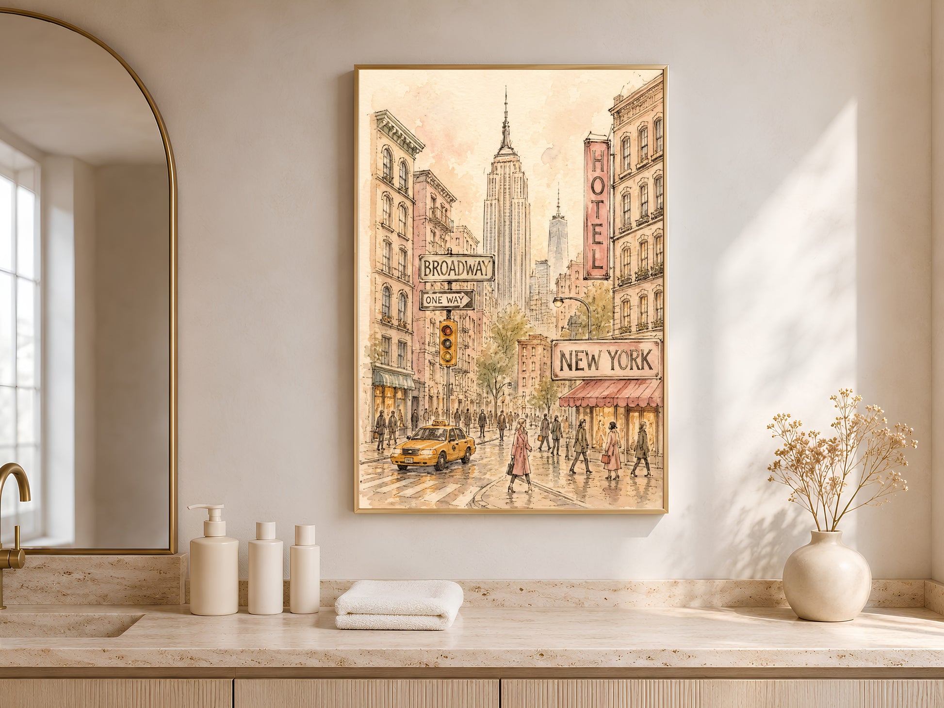 Framed New York street scene print above bathroom counter near window, watercolor sketch wall art
