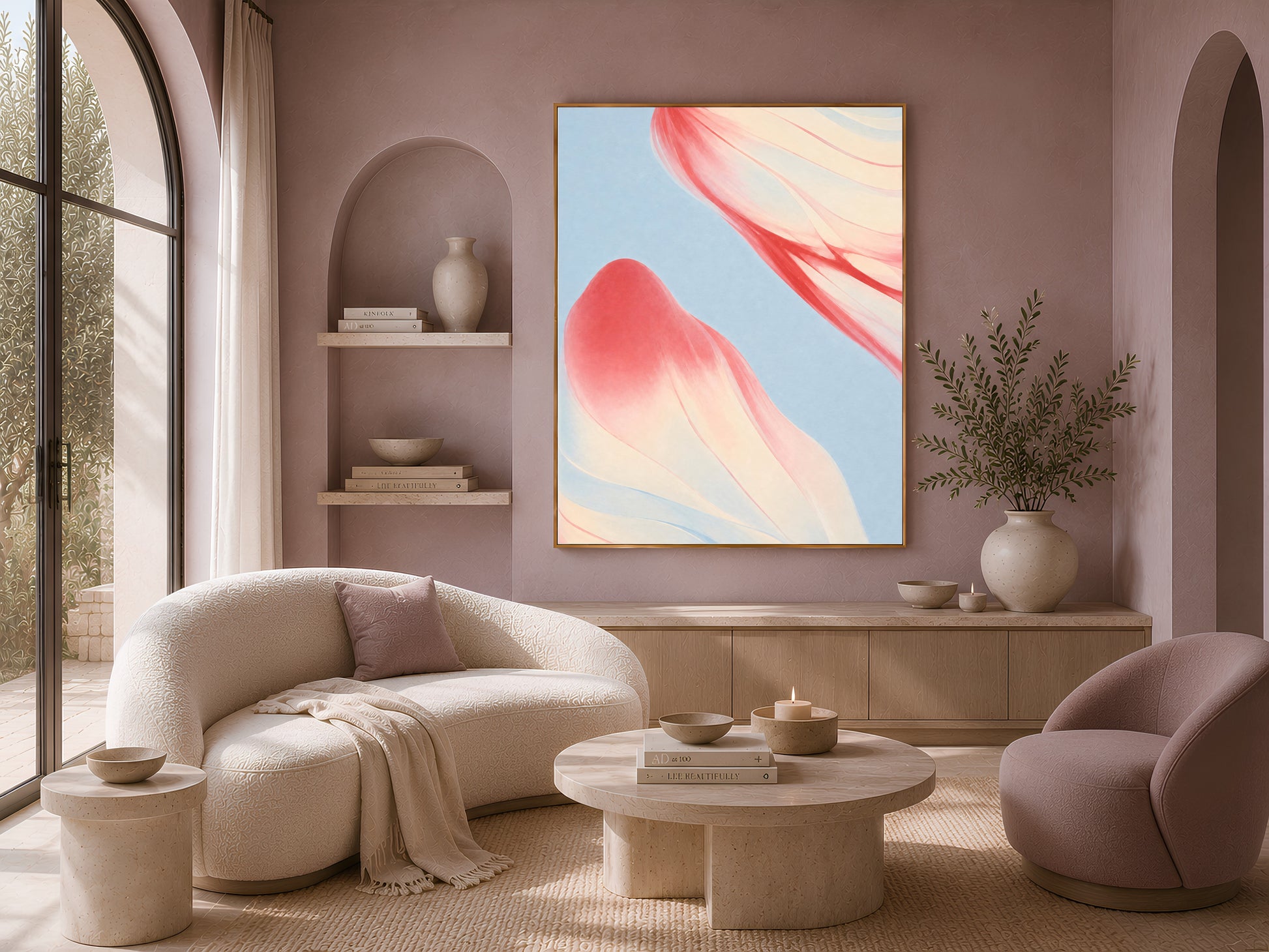 Coral and blue abstract art above boucle sofa, modern coastal living room decor