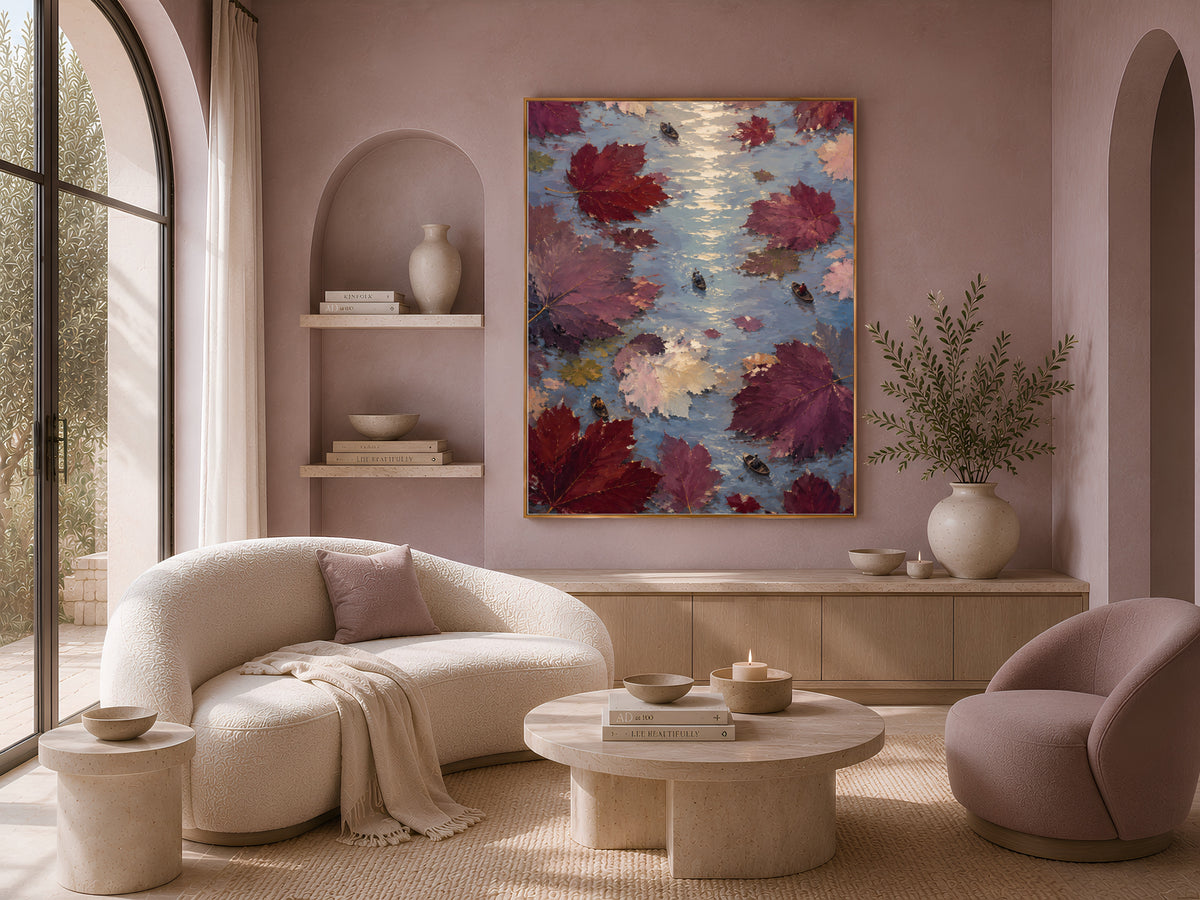 Surreal maple leaves rowboat painting framed above cream sofa in boho living room
