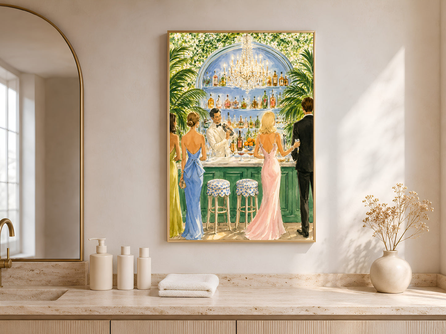 Framed cocktail party watercolor art print above an arched-window bathroom countertop with vases.
