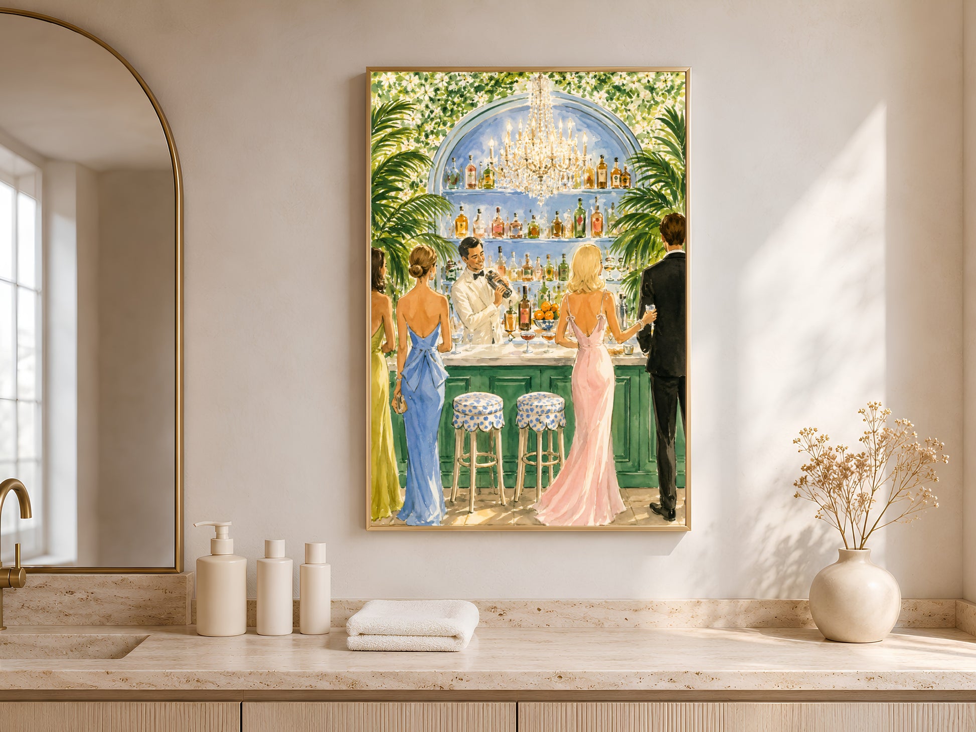 Framed cocktail party watercolor art print above an arched-window bathroom countertop with vases.
