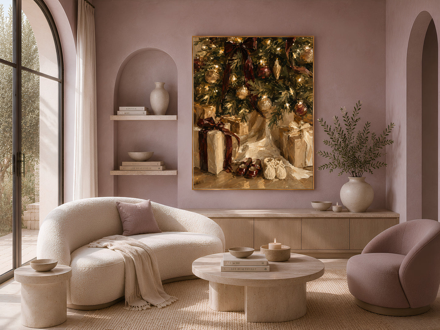 Living room with the Christmas morning print above a curved sofa and round coffee table