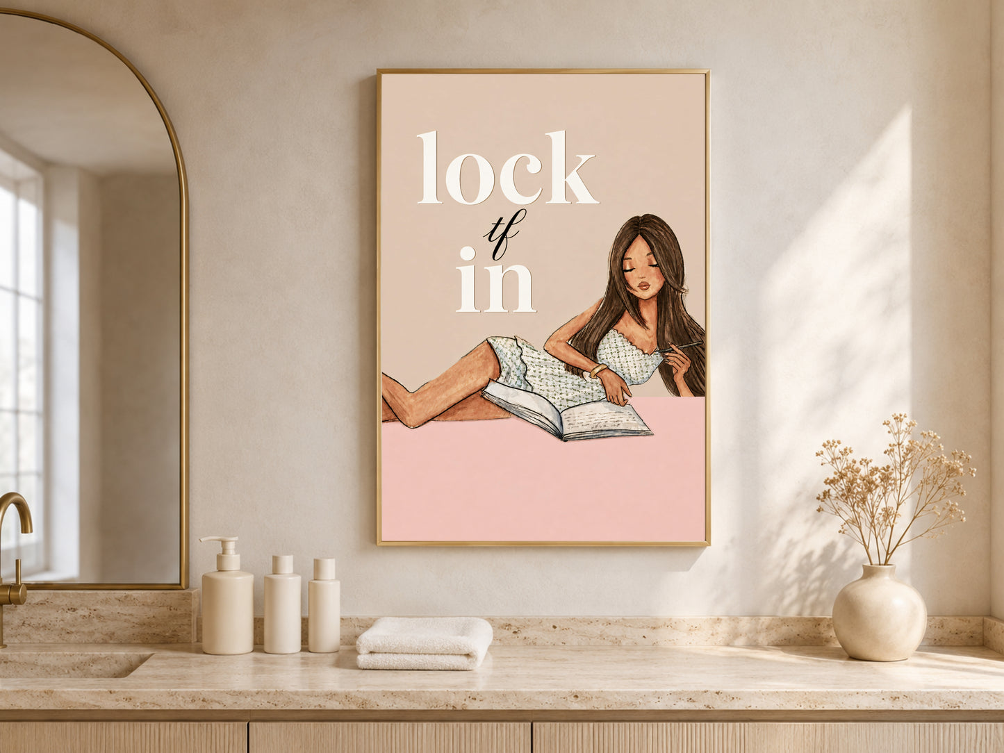 Lock TF In wall art framed above a bathroom counter with candles and towels, girl journaling illustration digital download print