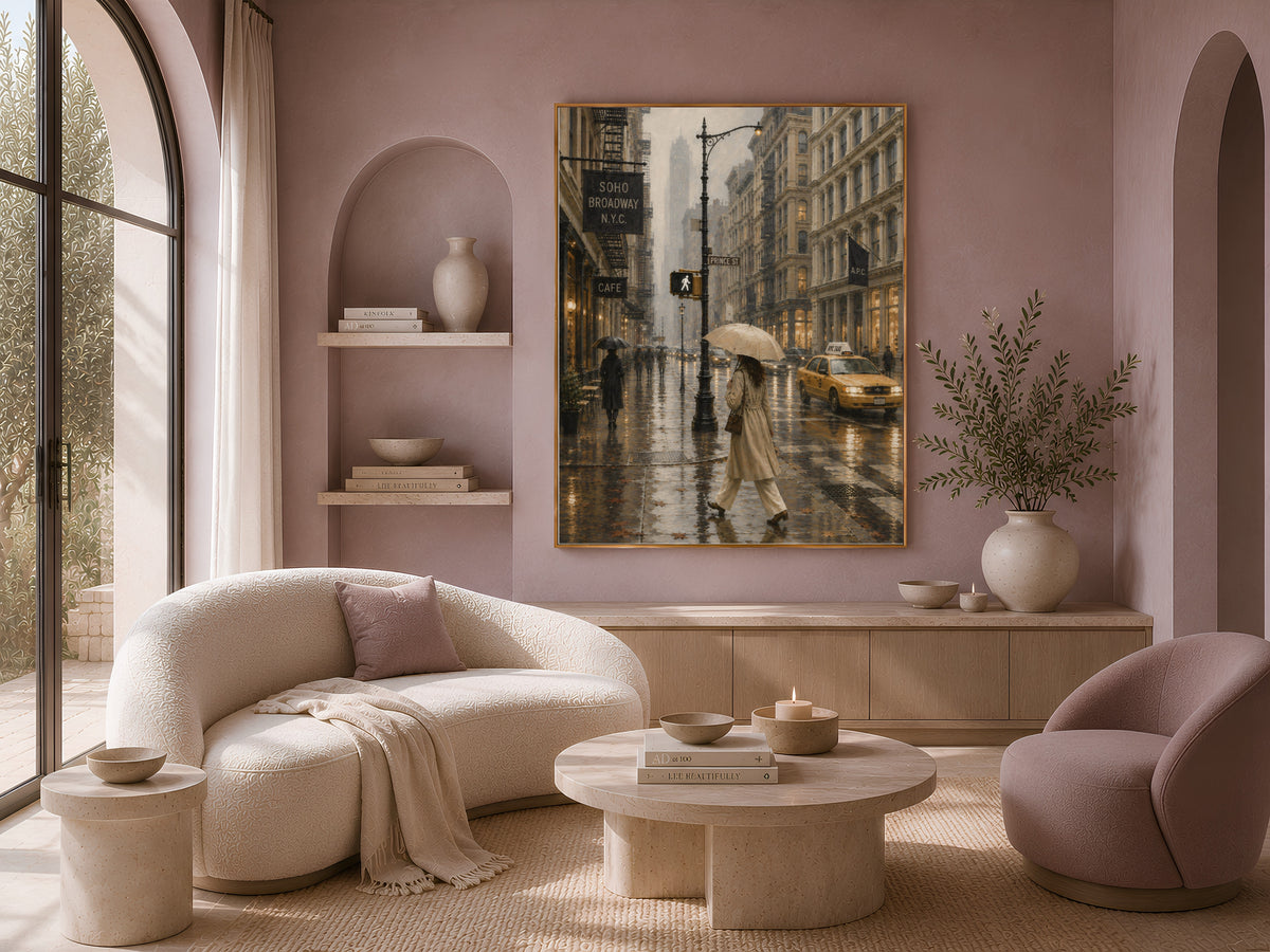 SoHo NYC wall art framed print in cozy living room with blush pink armchair