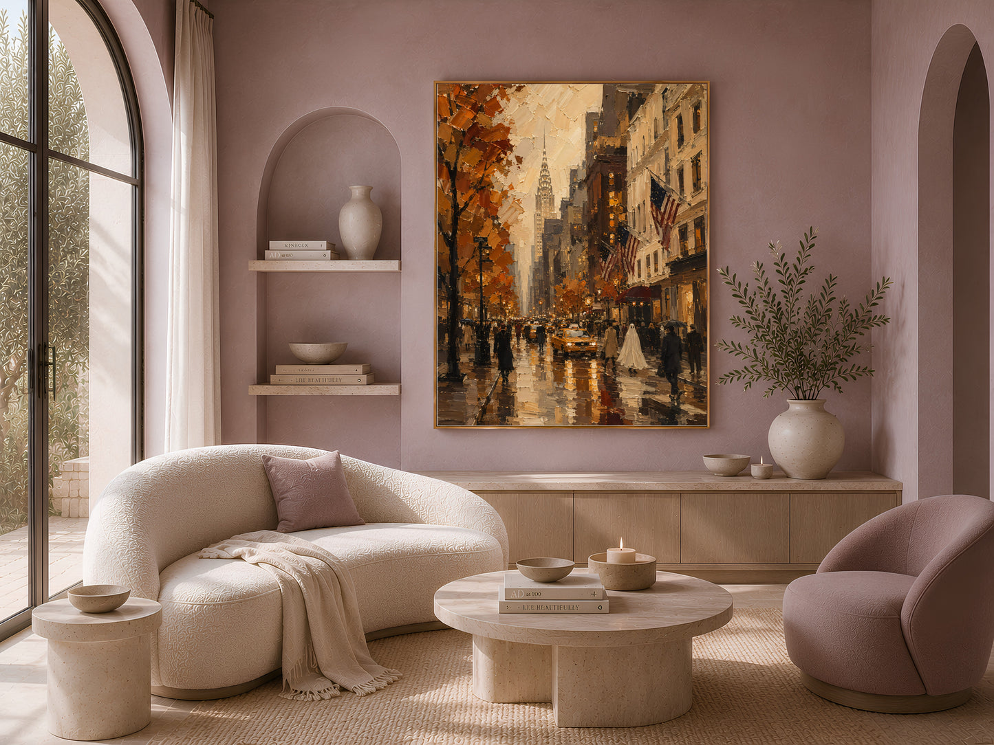 Living room with the New York City print on a mauve wall above a curved cream sofa and round coffee table
