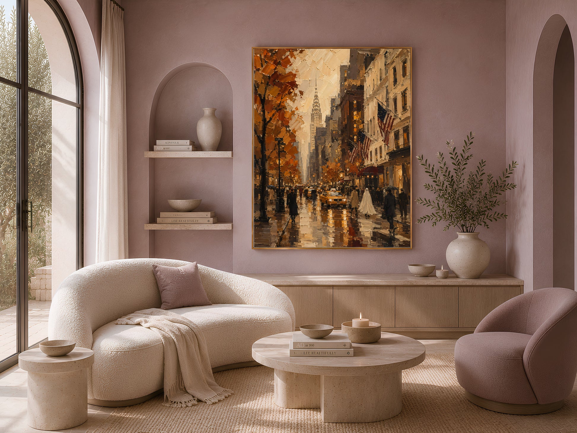 Living room with the New York City print on a mauve wall above a curved cream sofa and round coffee table