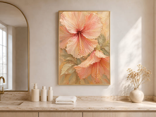 Textured hibiscus oil painting print above a beige counter in a neutral sunlit room
