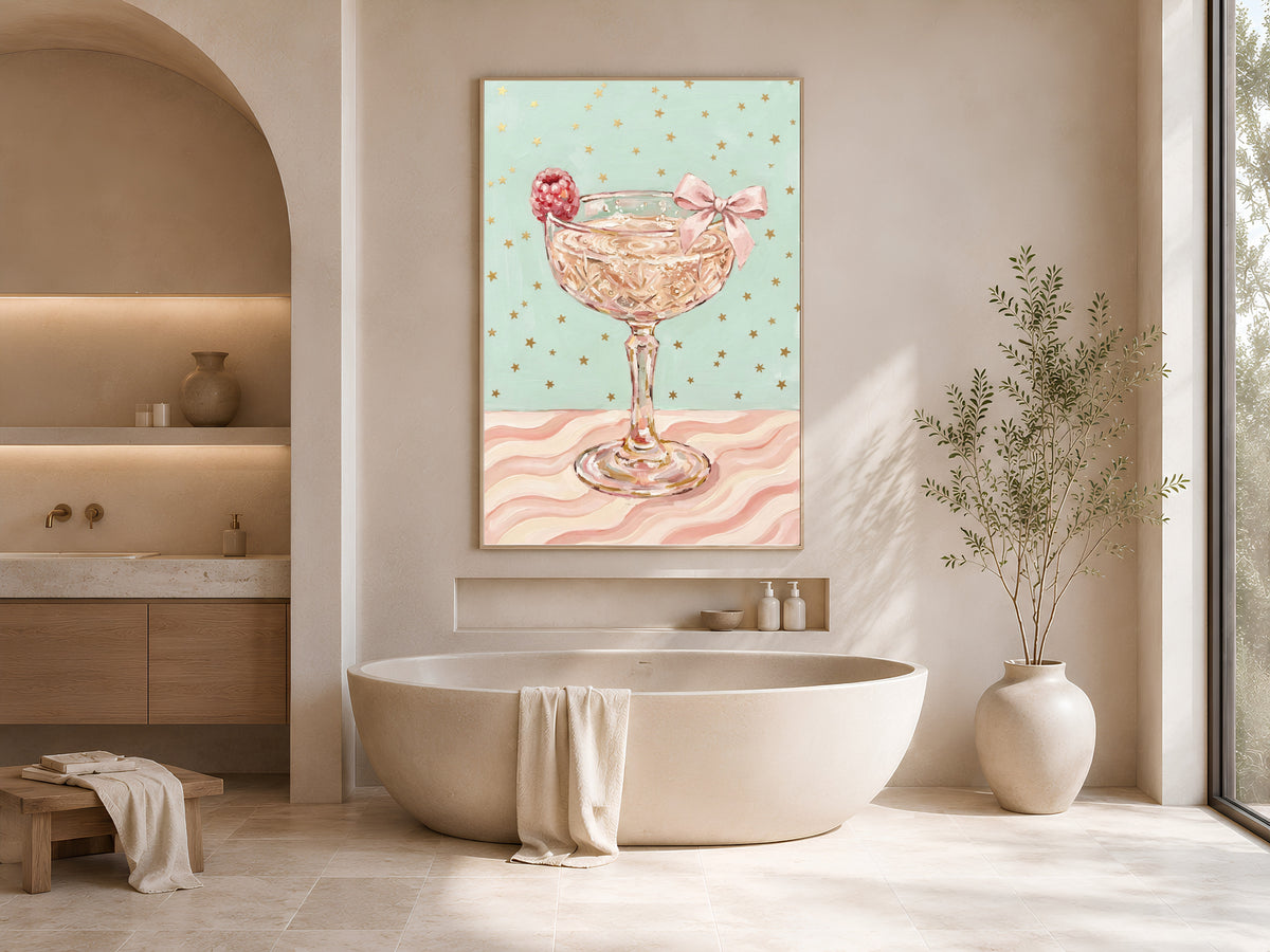 Champagne Coupe Wall Art, Pink Bow Coquette Oil Painting Print - Digital Download