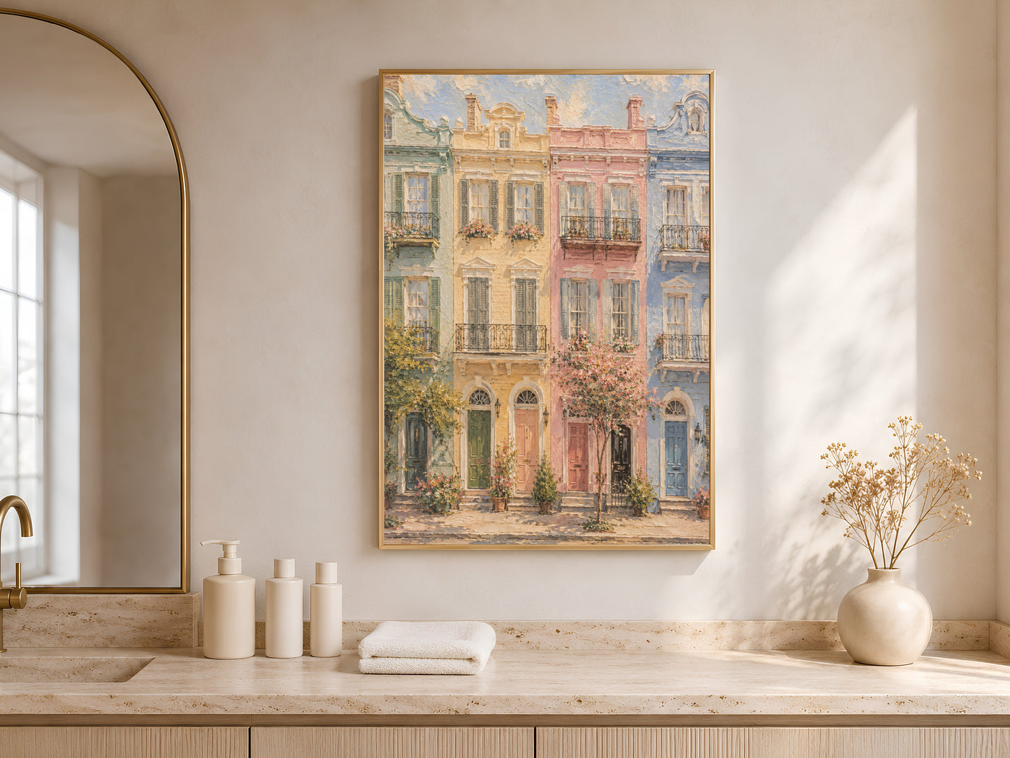 Close-up detail of the impasto oil painting texture showing pastel townhouse facades and wrought iron balconies
