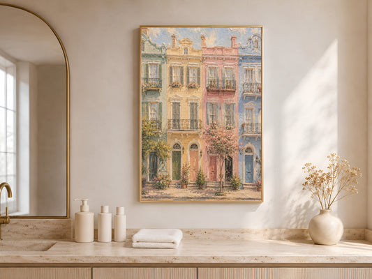 Close-up detail of the impasto oil painting texture showing pastel townhouse facades and wrought iron balconies
