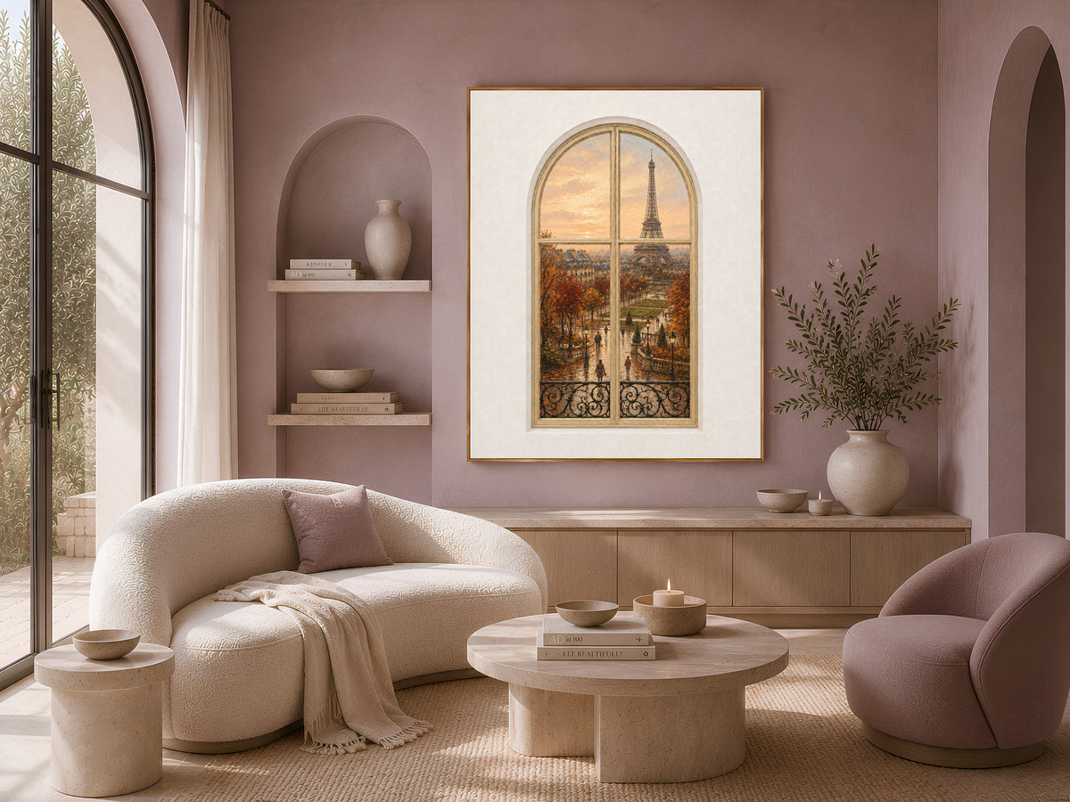 Paris Window Wall Art, Eiffel Tower Autumn Sunset Print - Digital Download