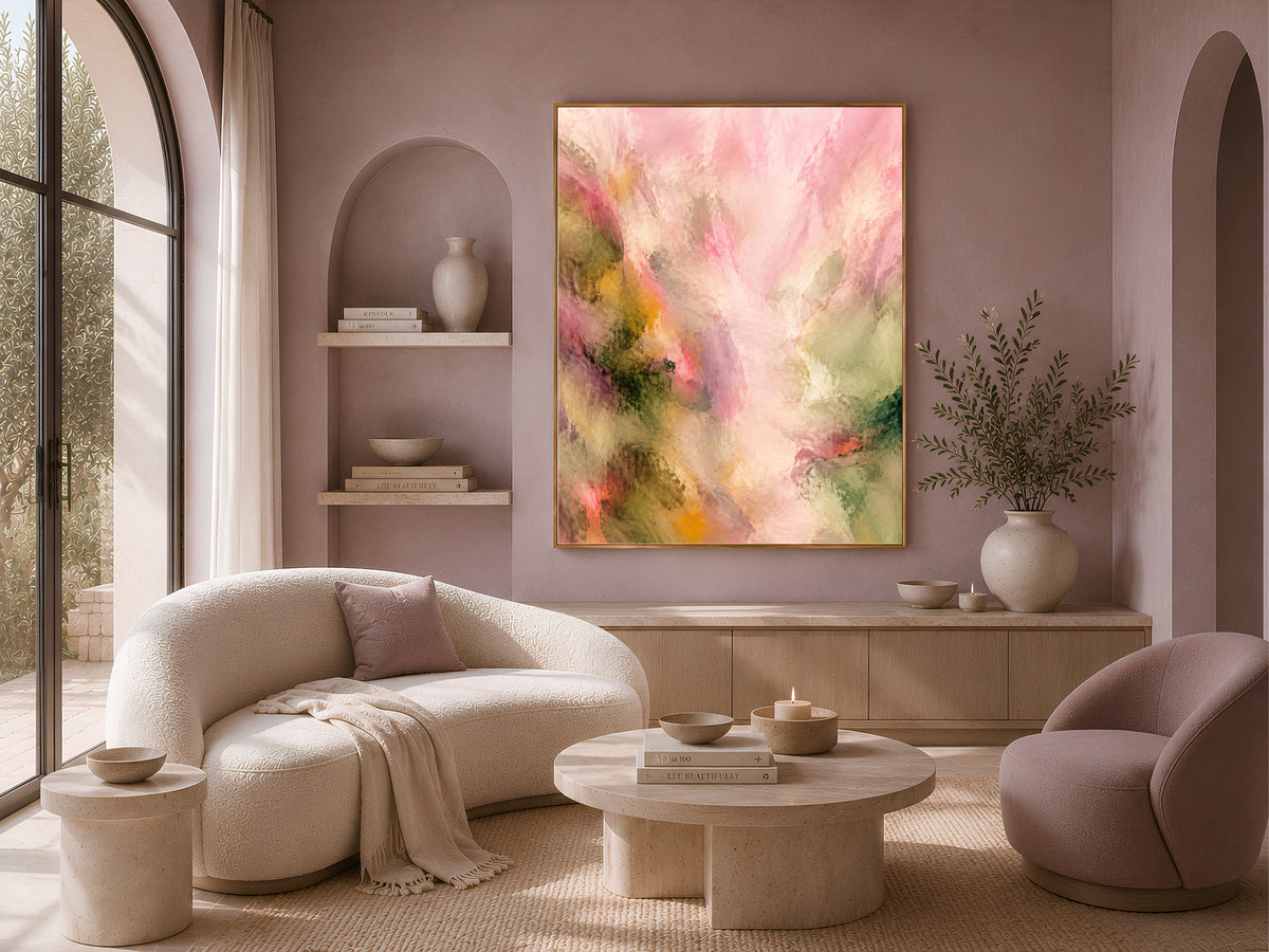 Pink Green Abstract Wall Art, Impressionist Floral Print - Digital Download