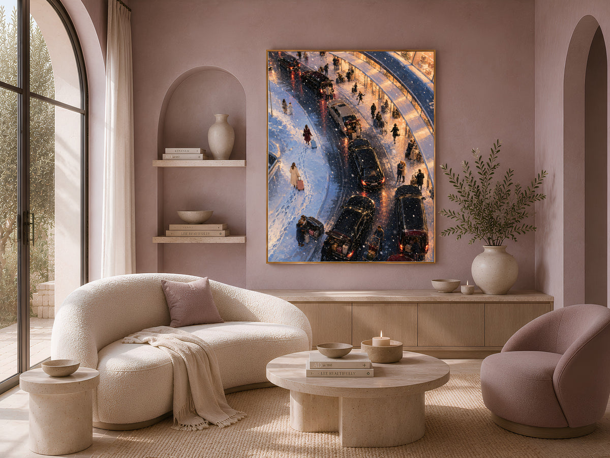 Airport departures painting framed above cream sofa and armchairs in living room