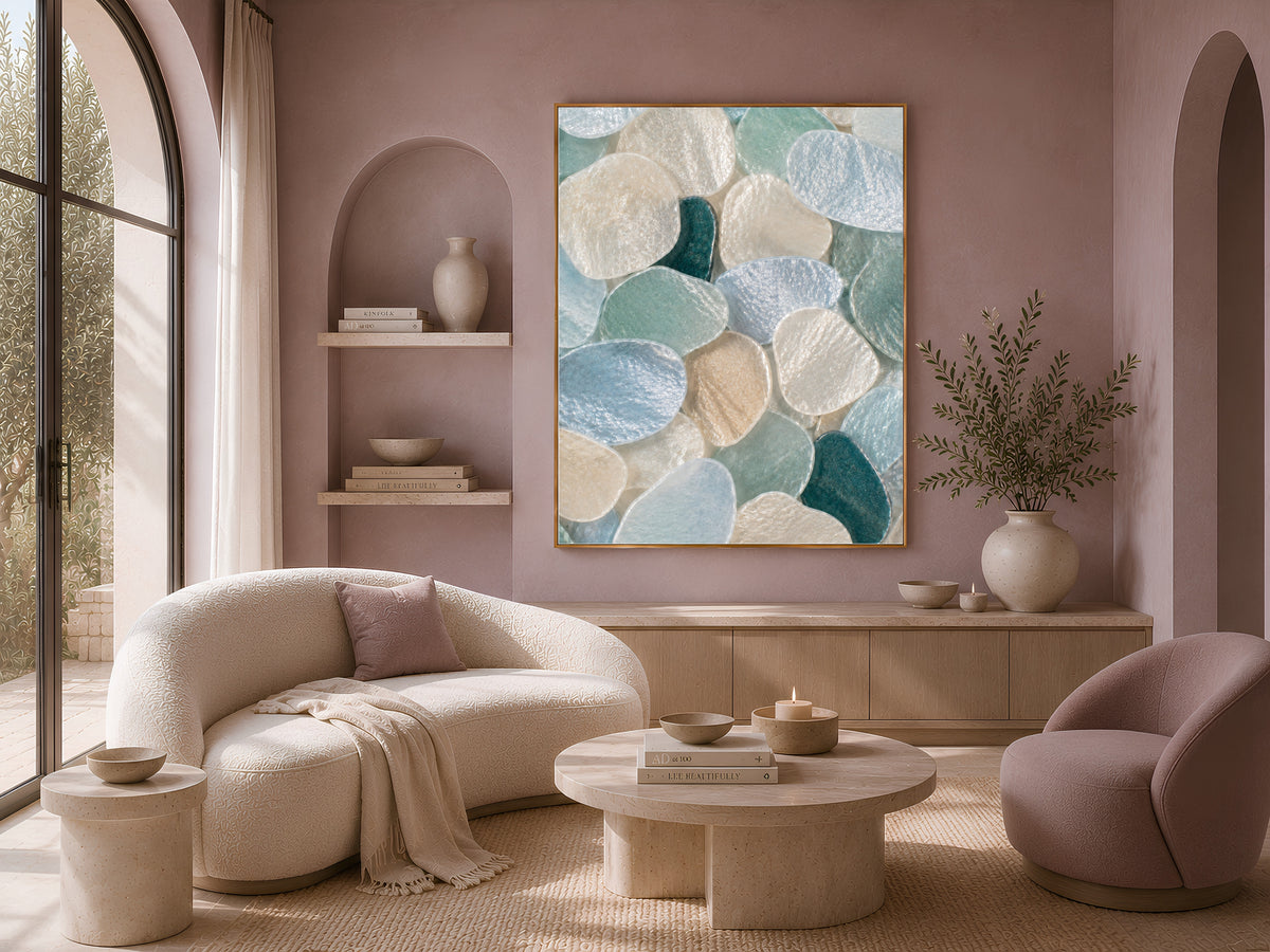 Teal Sea Glass Capiz Shell Wall Art, Deep Blue Ombre Print - Digital Download