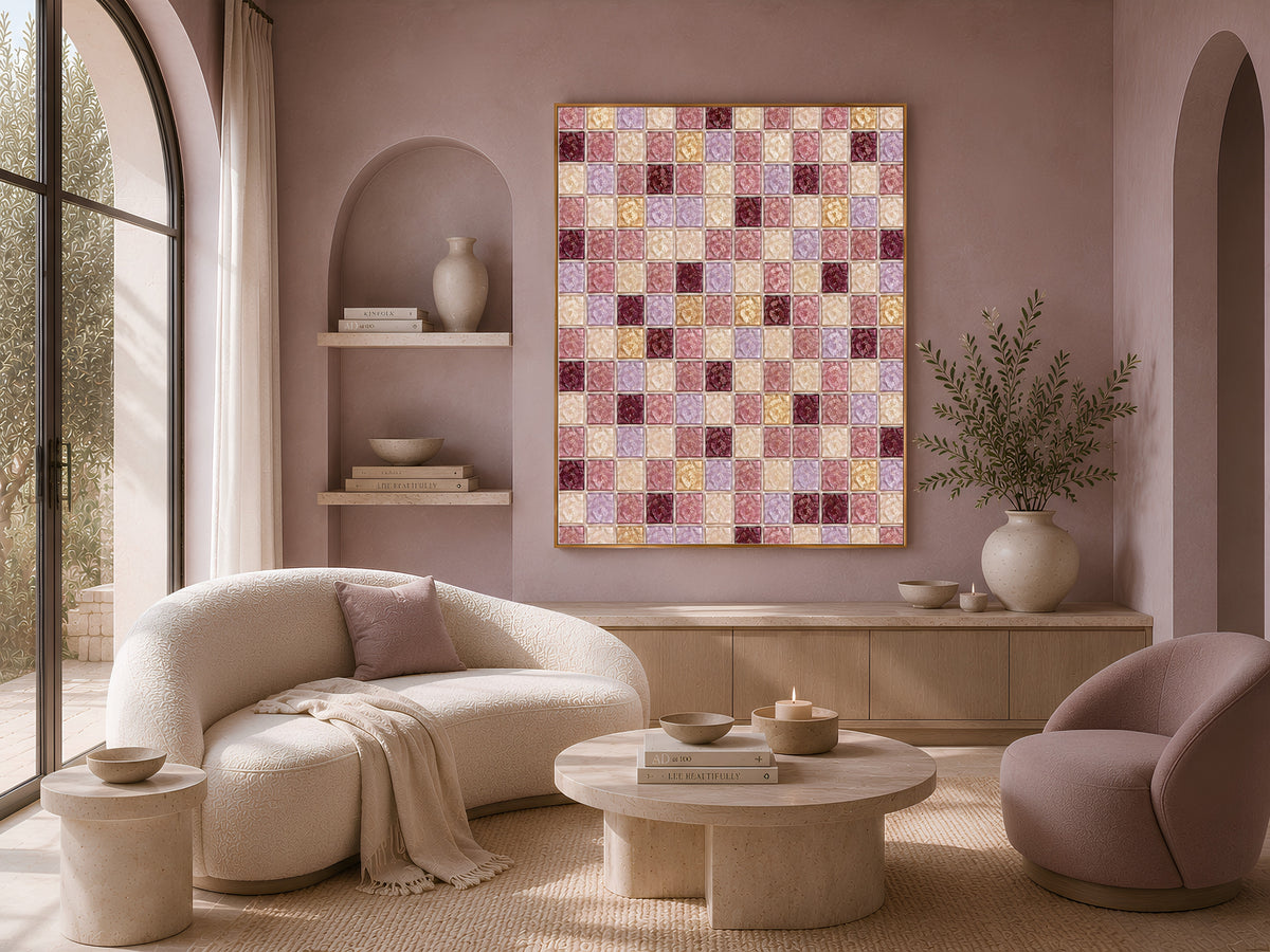 Rose lavender mosaic wall art framed above a curved sofa and armchairs in a cozy living room