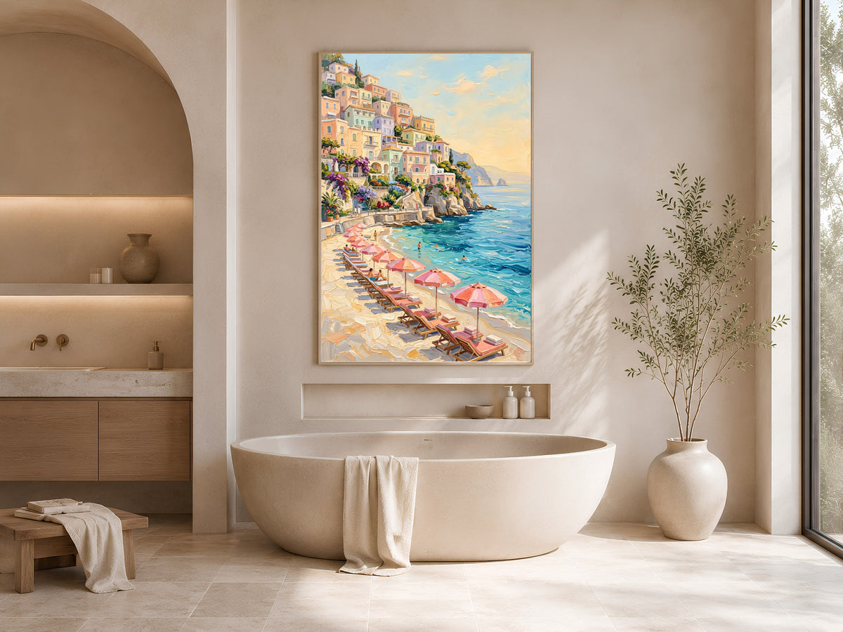 Positano Wall Art, Amalfi Coast Beach Club Oil Painting Print - Digital Download