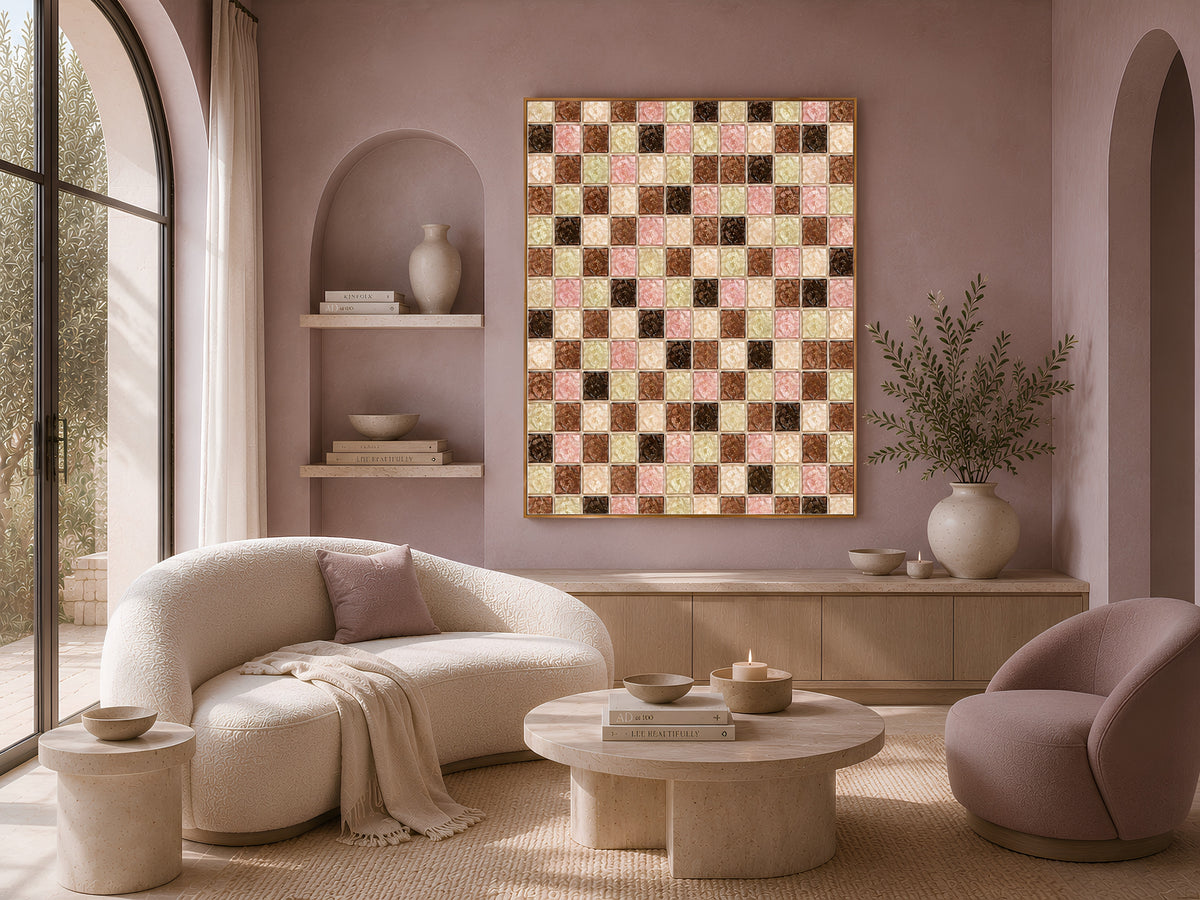 Chocolate sage mosaic wall art framed above a beige sofa in a bright arched-window room