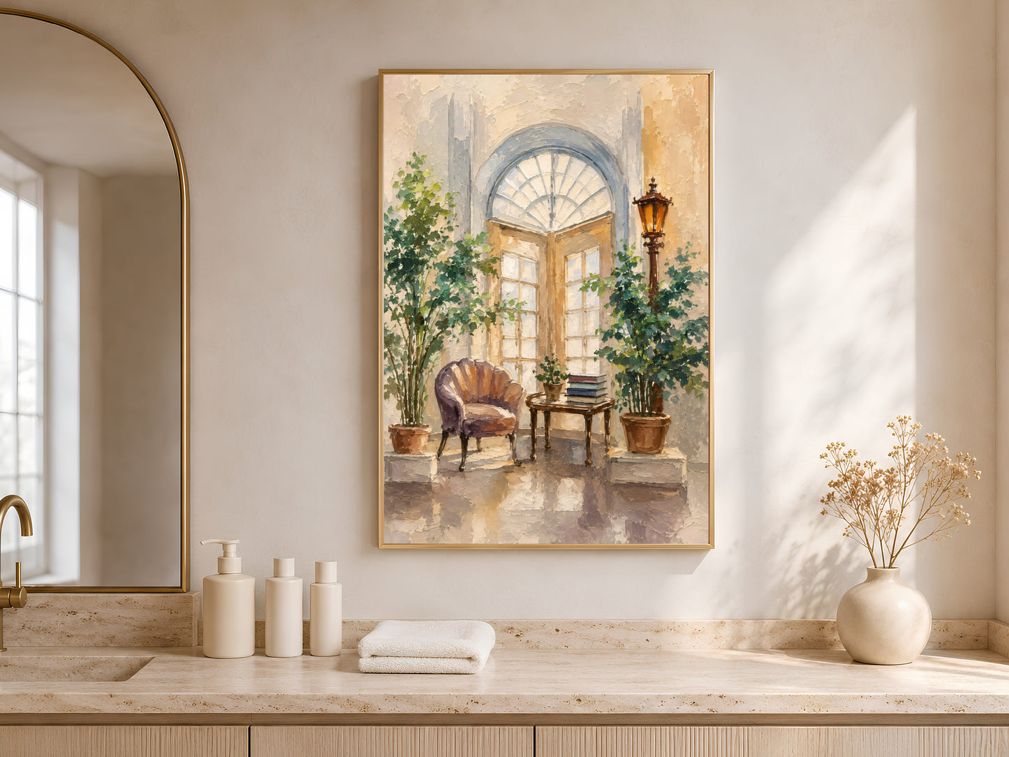 Mediterranean courtyard painting printed and framed above a bathroom counter, textured impasto artwork with an arched doorway scene