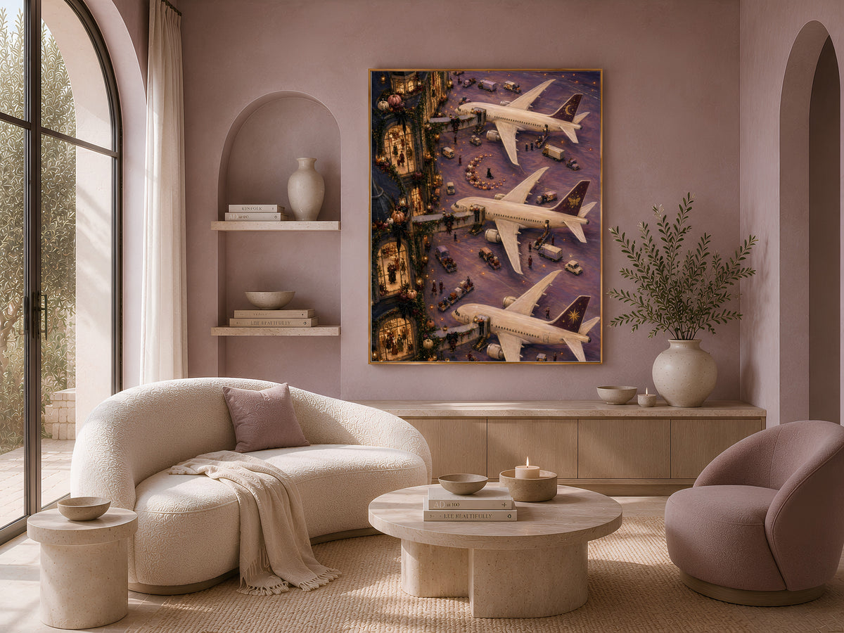 Celestial airplane print framed above cream sofa and armchairs in living room